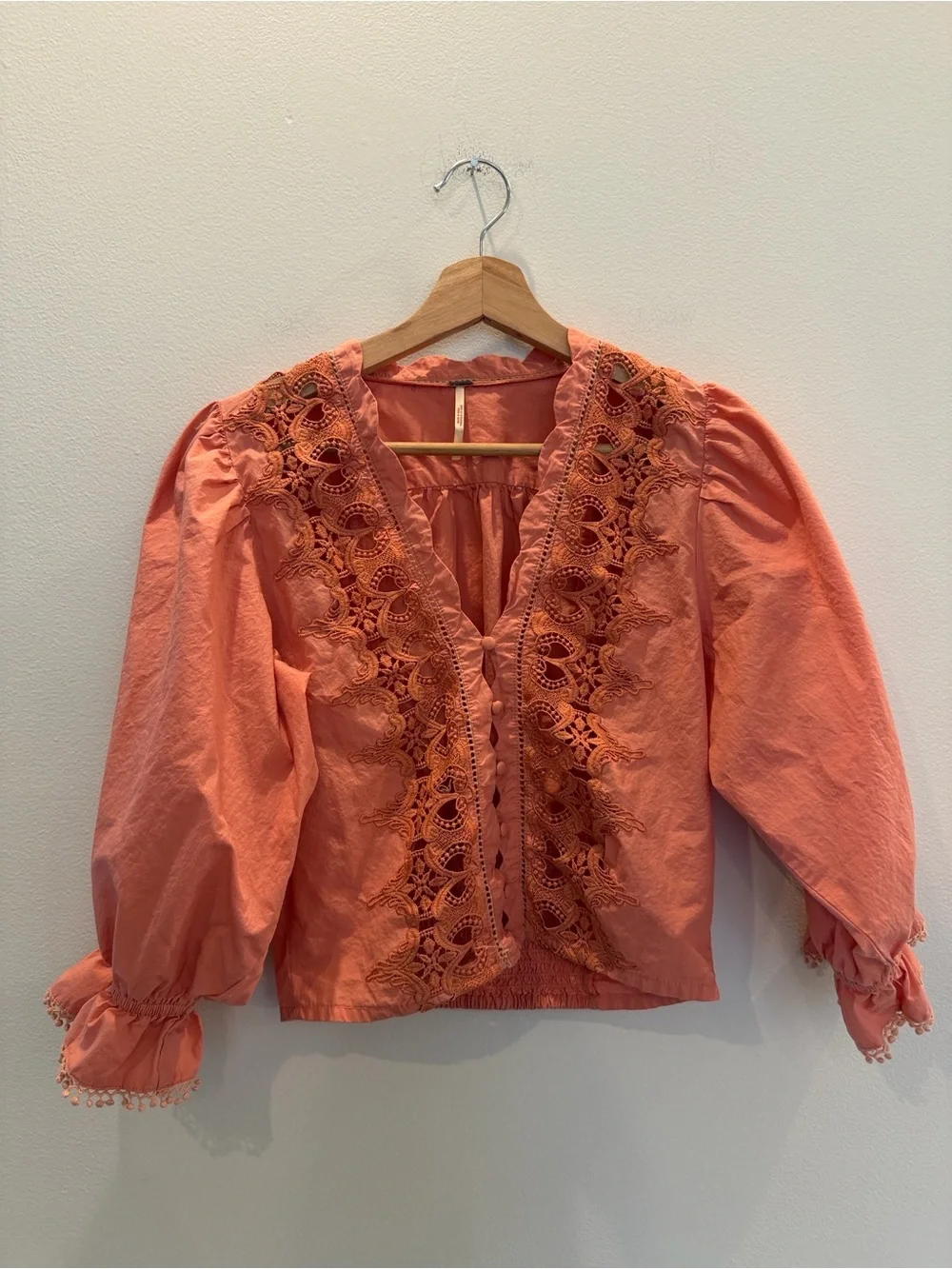 Free People Pink Peach Lace Cutout Button Front Blouse Top Small Boho Festival